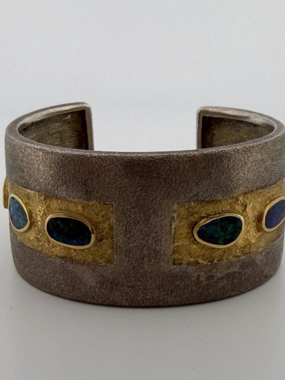 Boulder Opal Inlay Wide Cuff Bracelet Sterling Silver 14K Gold 67g